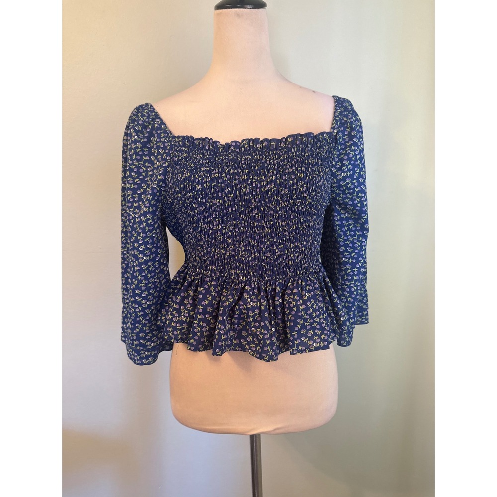 Blue Floral Smocked Peplum top Blouse Long Sleeve Large bohoâ cottage fairy Y2K